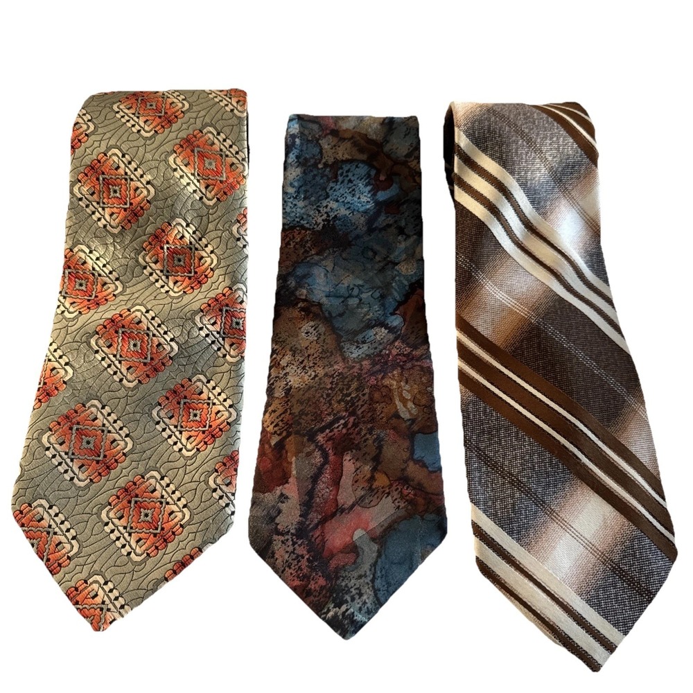 3 VTG Wemlon Wembley Mens Neck Tie Brown Stripes Groovy Swirl 70s Retro Geo 4"